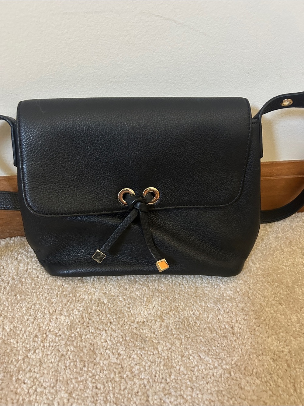 Talbots Black Pebbled Leather Crossbody with Gold Eyelet Detail